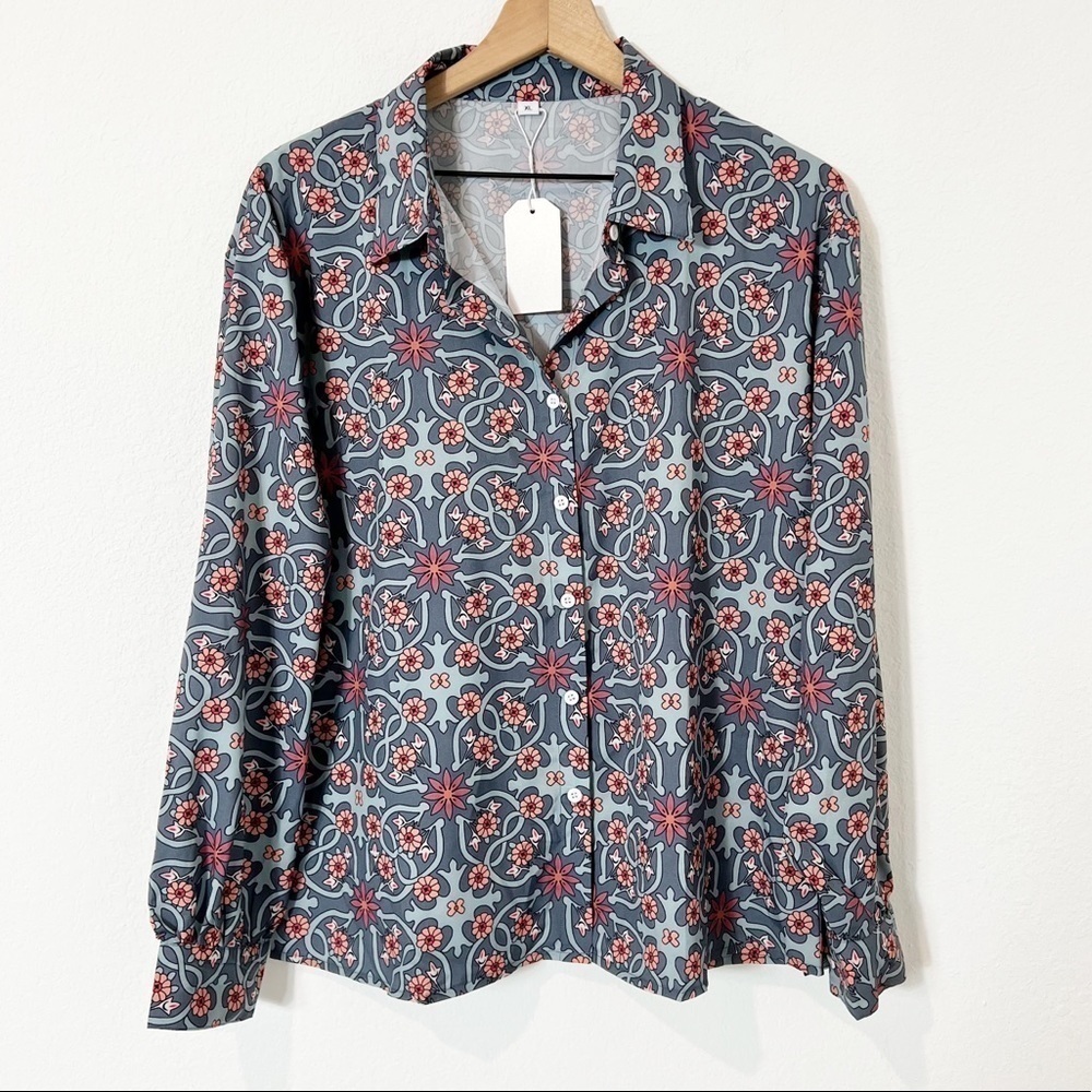 Floral Pink Blue Long Sleeve Button Up Women Blouse Brand New